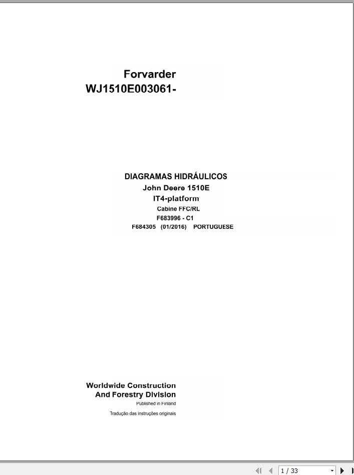 John Deere Forwarder 1510E IT4 Plaform F684305 C1 Hydraulic Diagram 2016 PT 1