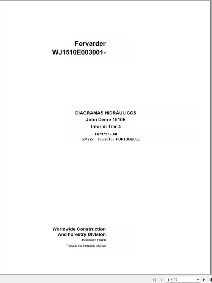 John Deere Forwarder 1510E Interim Tier 4 F681727 A8 Hydraulic Diagram 2015 PT 1