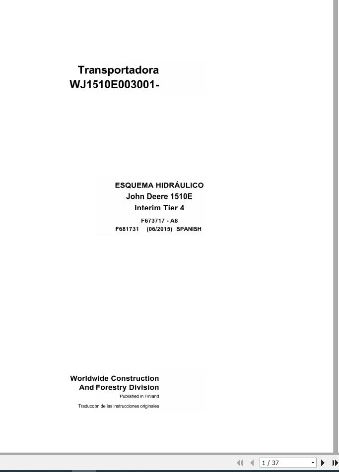 John Deere Forwarder 1510E Interim Tier 4 F681731 A8 Hydraulic Schematic 2015 ES 1