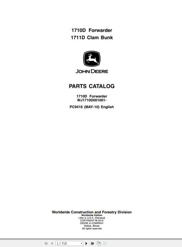 John Deere Forwarder 1710D WJ1710D001001 Parts Catalog PC9416 2010 1