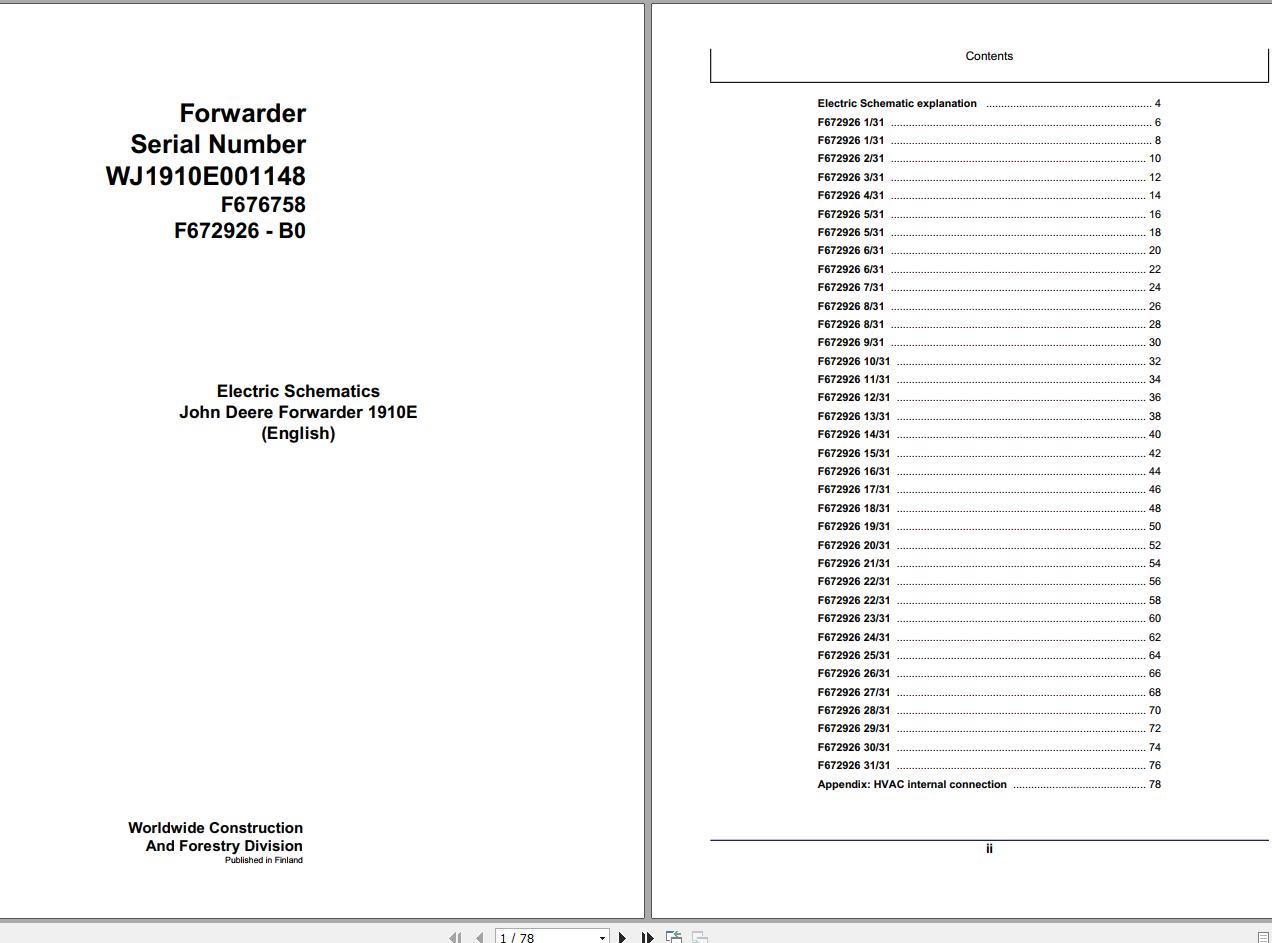 John Deere Forwarder 1910E F676758 B0 Electric Schematic 2008 2