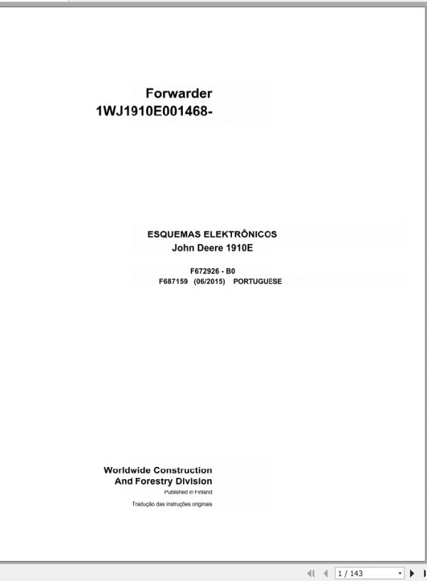 John Deere Forwarder 1910E F687159 B0 Electric Diagram 2015 PT 1