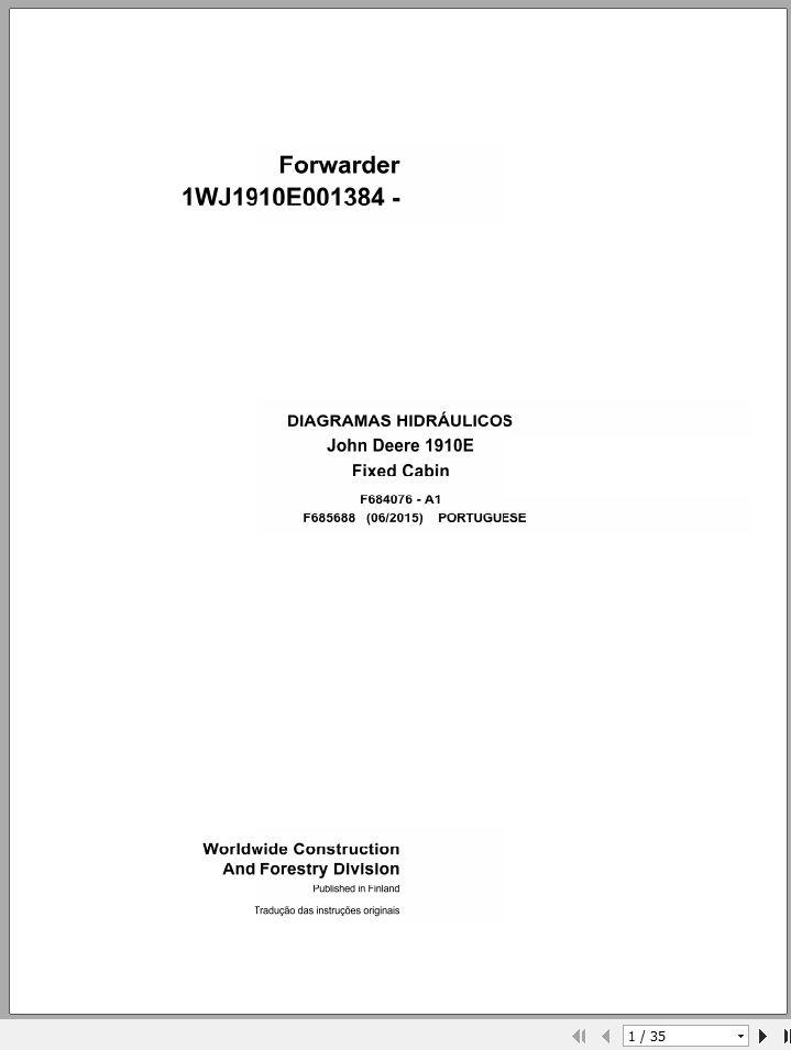 John Deere Forwarder 1910E Fixed Cabin F685688 A1 Hydraulic Diagram 2015 PT 1
