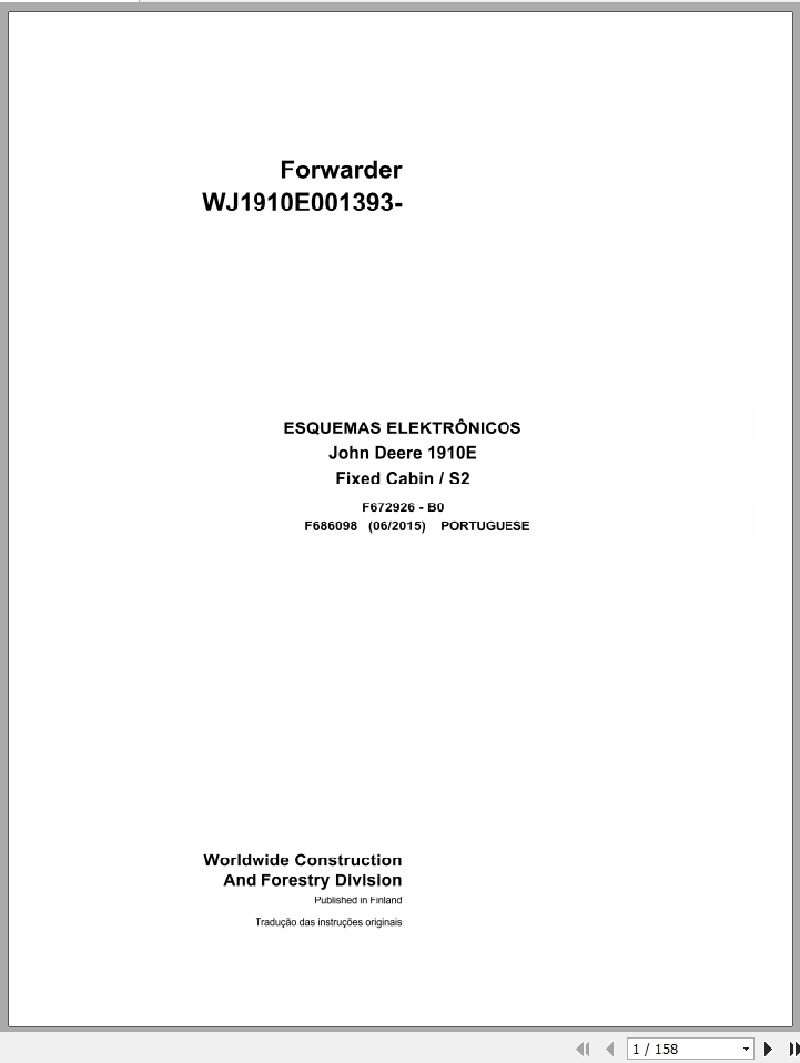 John Deere Forwarder 1910E S2 Fixed Cabin F686098 B0 Electric Diagram 2015 PT 1