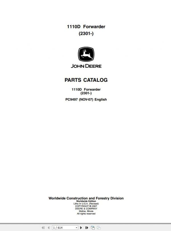 John Deere Forwarder 2301 1110D Parts Catalog PC9497 2007 1
