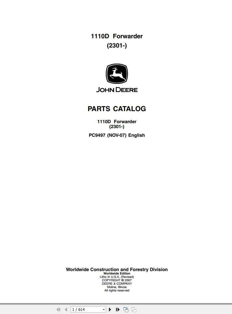 John Deere Forwarder 2301 1110D Parts Catalog PC9497 2007 1