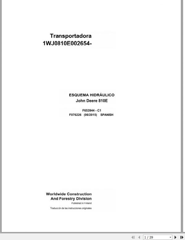 John Deere Forwarder 810E F076226 C1 Hydraulic Schematic 2015 ES 1