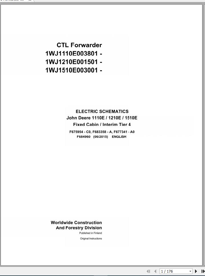 John Deere Forwarder CTL 1110E 1210E 1510E Tier 4 F684960 Electric Schematic 2015 1