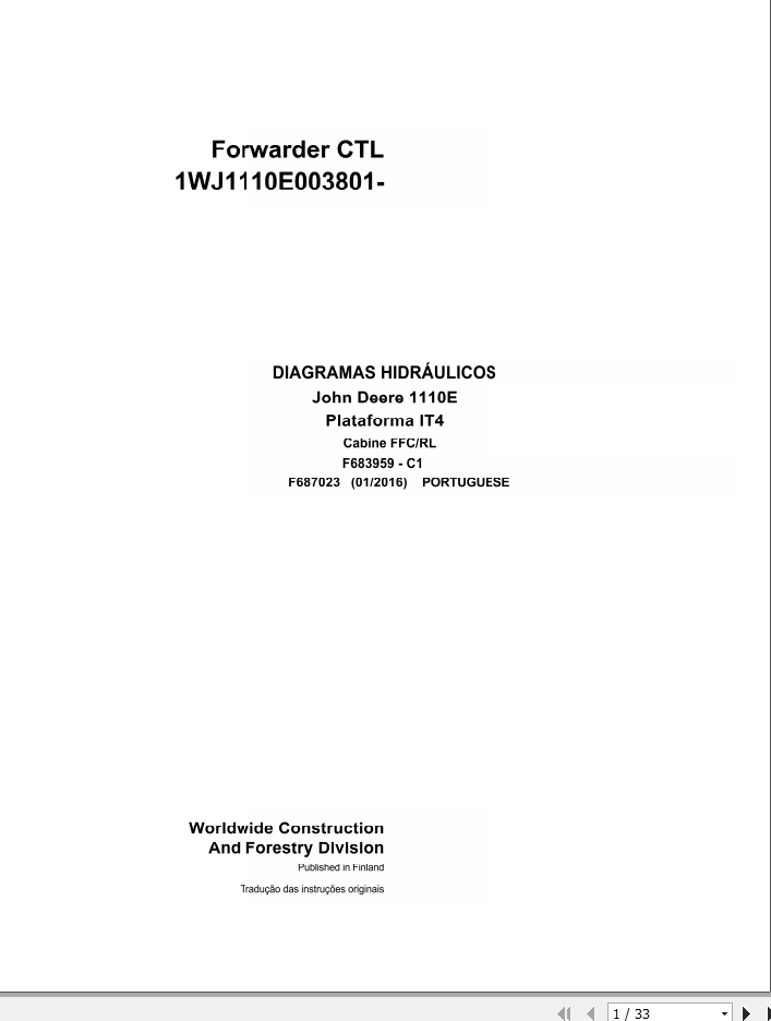 John Deere Forwarder CTL 1110E Plaform IT4 Cabine FFC RL F687023 C1 Hydraulic Diagram 2016 PT 1