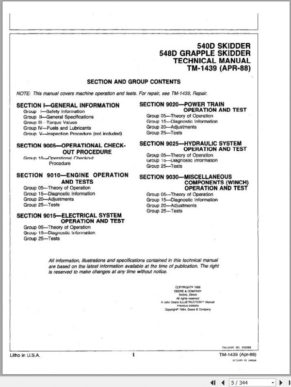 John Deere Grapple Skidder 540D 548D Operation and Test Technical Manual TM1439 2