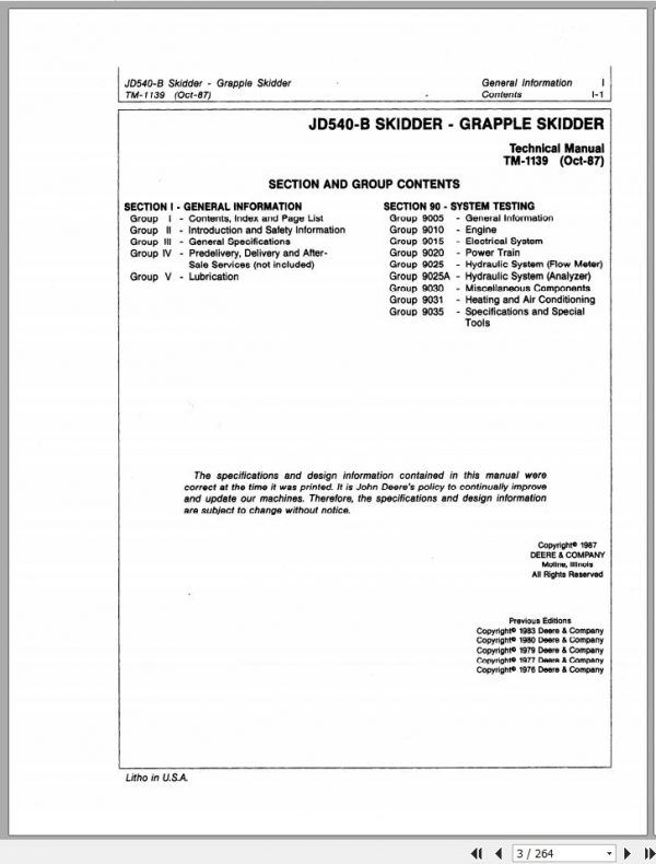 John Deere Grapple Skidder JD540 B Operation and Test Technical Manual TM1139 2
