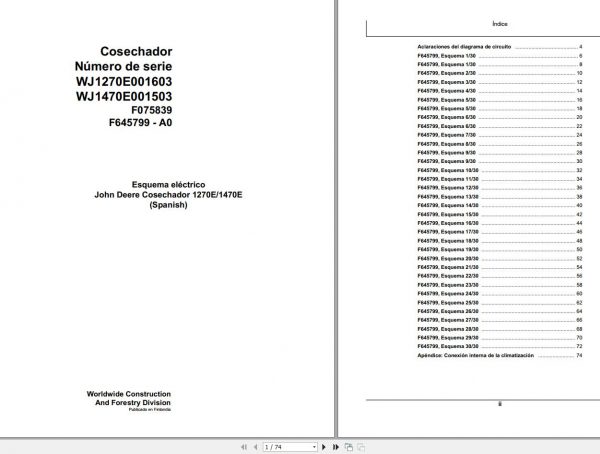 John Deere Harverster 1270E 1470E F075839 A0 Electric Schematic 2008 ES 1