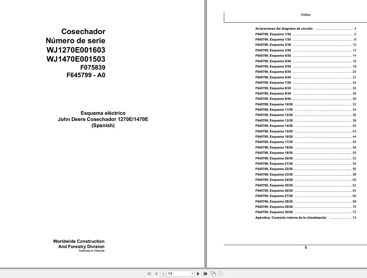 John Deere Harverster 1270E 1470E F075839 A0 Electric Schematic 2008 ES 1