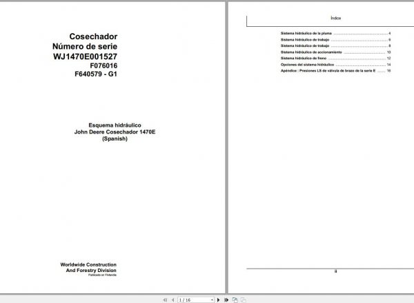 John Deere Harverster 1470E F076016 G1 Hydraulic Schematic 2008 ES 1