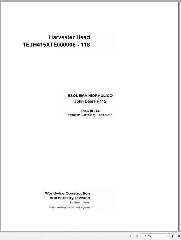 John Deere Harverster Head H415 F690972 A4 2016 Hydraulic Schematic 2016 1
