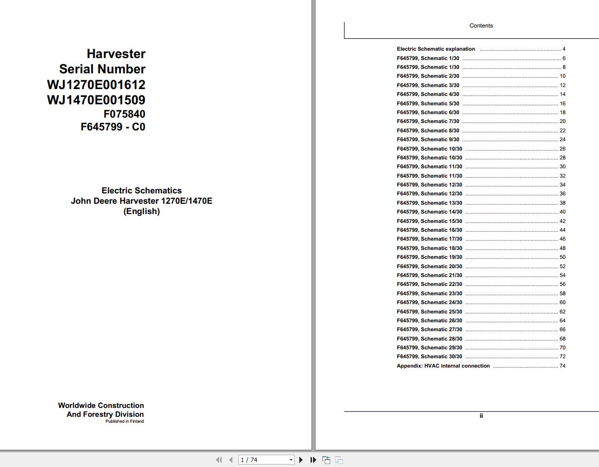 John Deere Harvester 1270E 1470E F075840 C0 Electric Schematic 2008 1