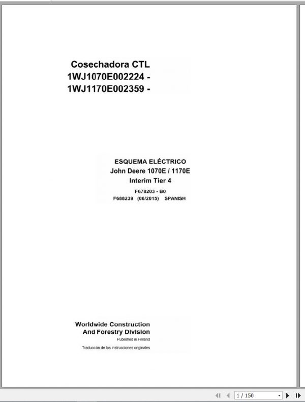 John Deere Harvester CTL 1070E 1170E Tier 4 F688239 B0 2015 Electric Schematic 2015 ES 1