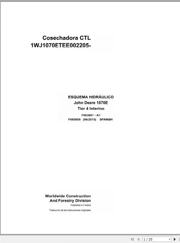 John Deere Harvester CTL 1070E Tier 4 Interim F685609 A7 Hydraulic Schematic 2015 ES 1