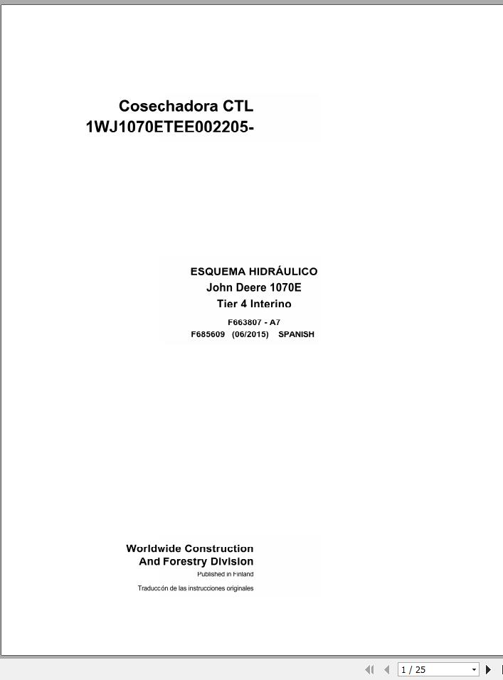 John Deere Harvester CTL 1070E Tier 4 Interim F685609 A7 Hydraulic Schematic 2015 ES 1