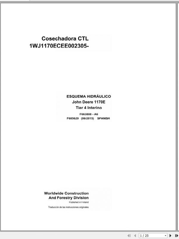 John Deere Harvester CTL 1170E Tier 4 Interim F685629 A6 2015 Hydraulic Schematic 2015 ES 1