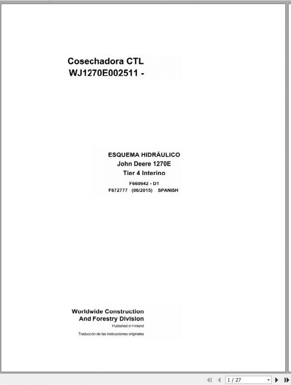 John Deere Harvester CTL 1270E Tier 4 Interim F672777 Hydraulic Schematic 2015 ES 1