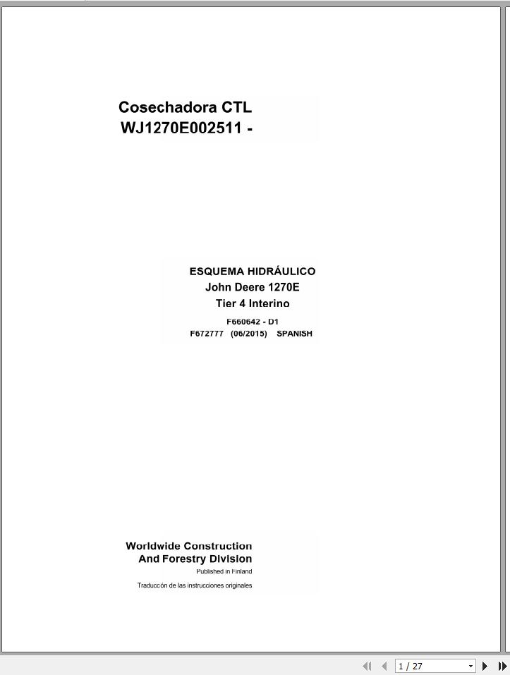 John Deere Harvester CTL 1270E Tier 4 Interim F672777 Hydraulic Schematic 2015 ES 1