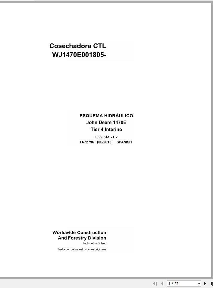 John Deere Harvester CTL 1470E Tier 4 Interim F672796 Hydraulic Schematic 2015 ES 1