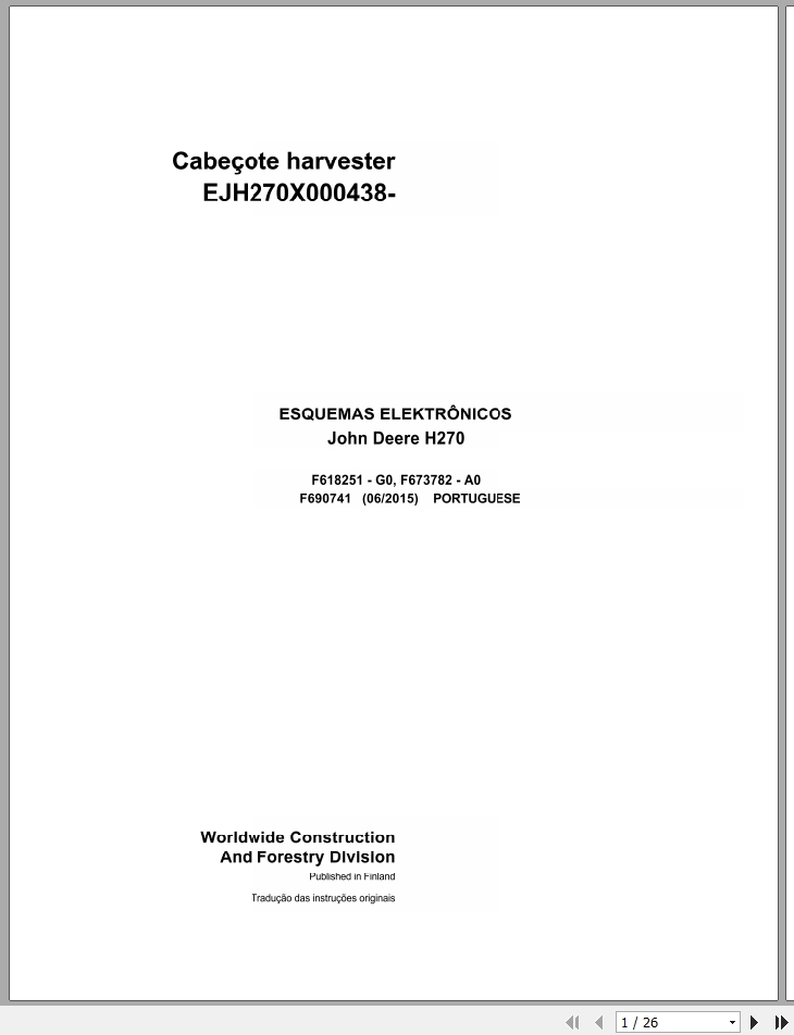 John Deere Harvester Head H270 F690741 A0 Electric Diagram 2015 PT 1