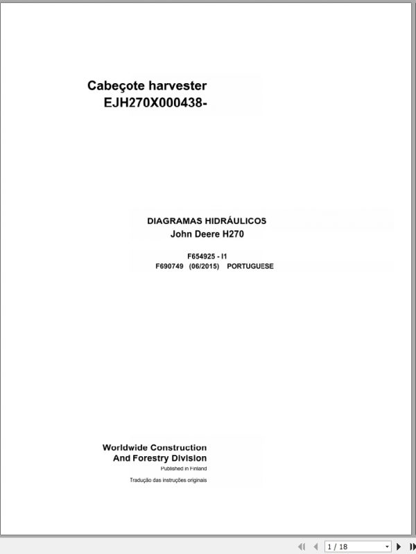John Deere Harvester Head H270 F690749 I1 Hydraulic Diagram 2015 PT 1