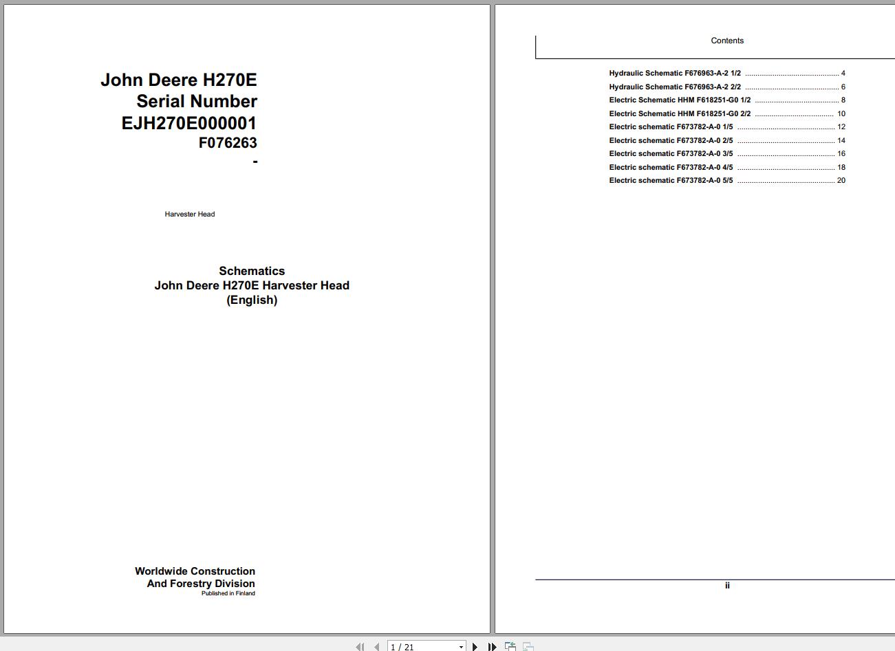 John Deere Harvester Head H270E F076263 Schematic 2008 1