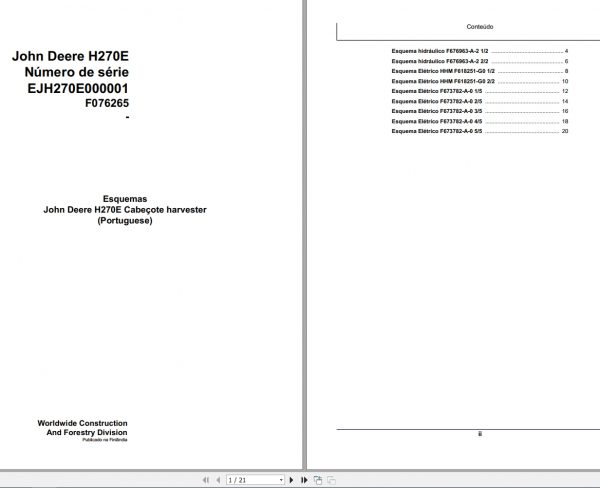 John Deere Harvester Head H270E F076265 Hydraulic Electric Diagram 2008 PT 1