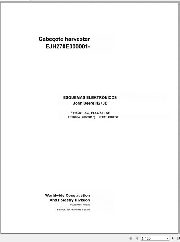 John Deere Harvester Head H270E F690684 A0 2015 Electric Diagram 2015 PT 1