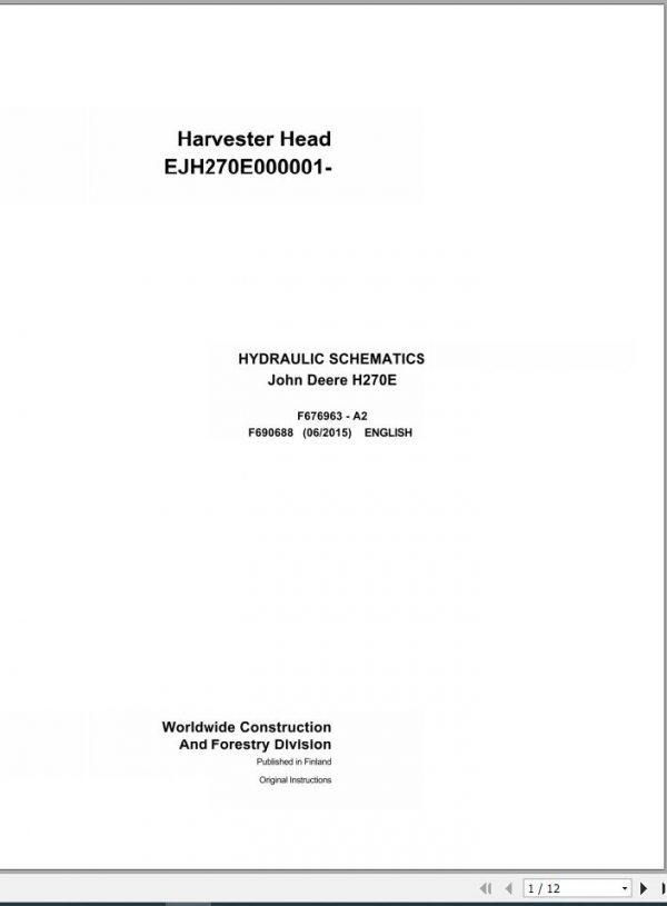John Deere Harvester Head H270E F690688 Hydraulic Schematic 2015 1