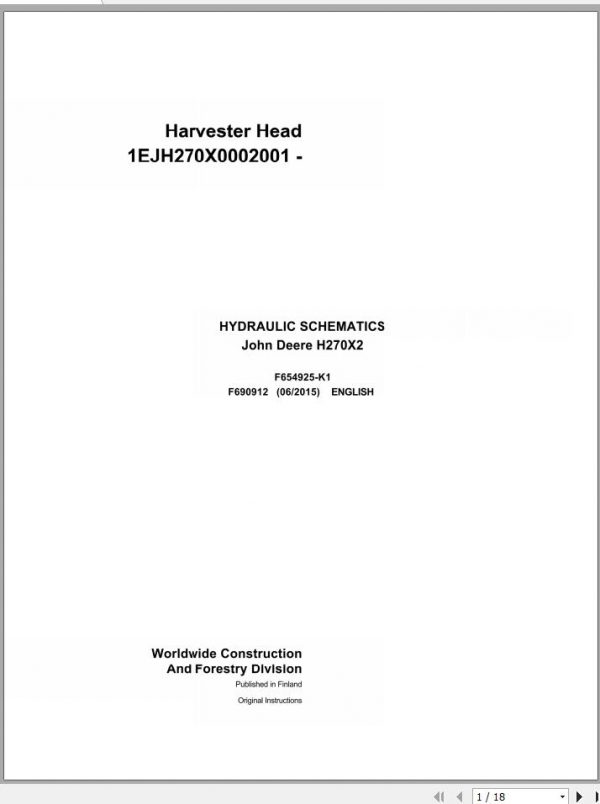 John Deere Harvester Head H270X2 F690912 Hydraulic Schematic 2015 1