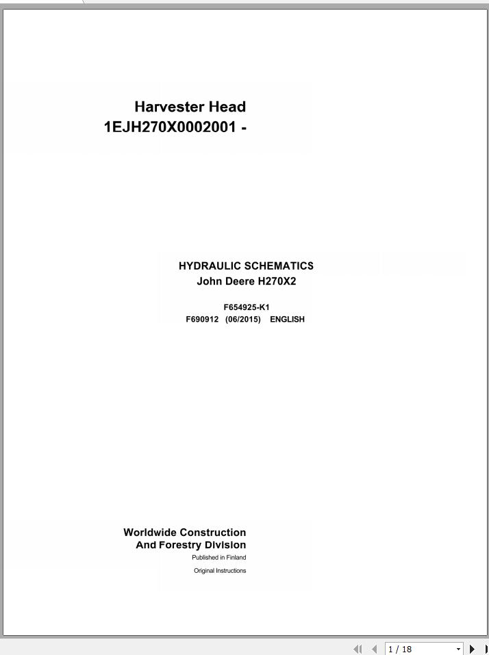 John Deere Harvester Head H270X2 F690912 Hydraulic Schematic 2015 1