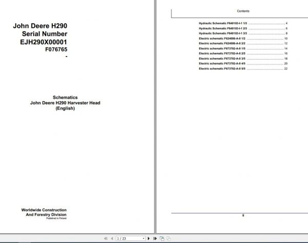 John Deere Harvester Head H290 F076765 Schematic 2008 1