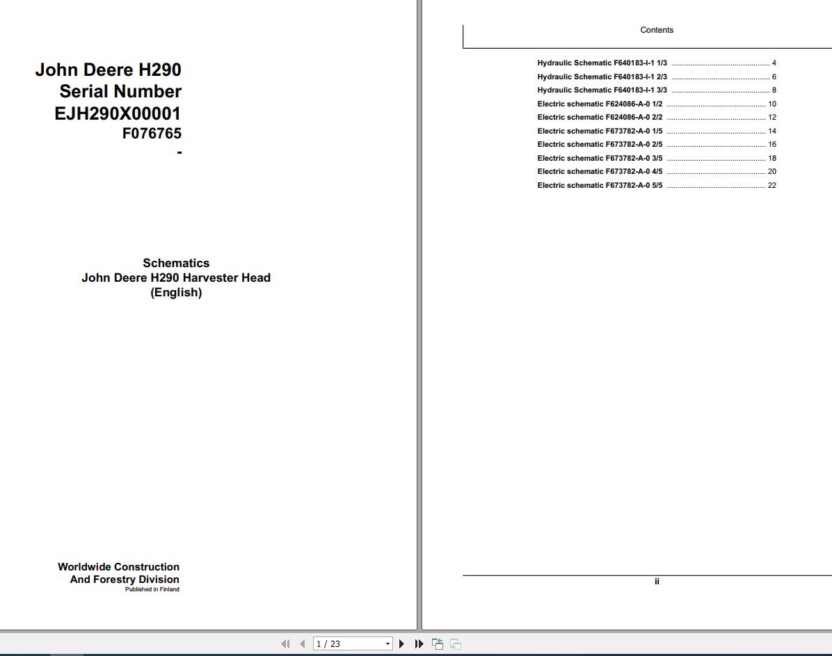 John Deere Harvester Head H290 F076765 Schematic 2008 1