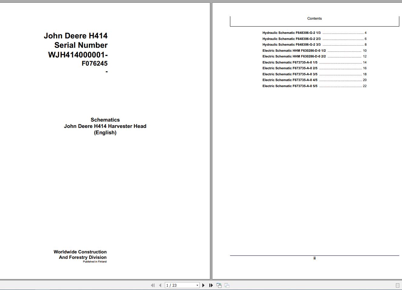 John Deere Harvester Head H414 F076245 Schematic 2008 1