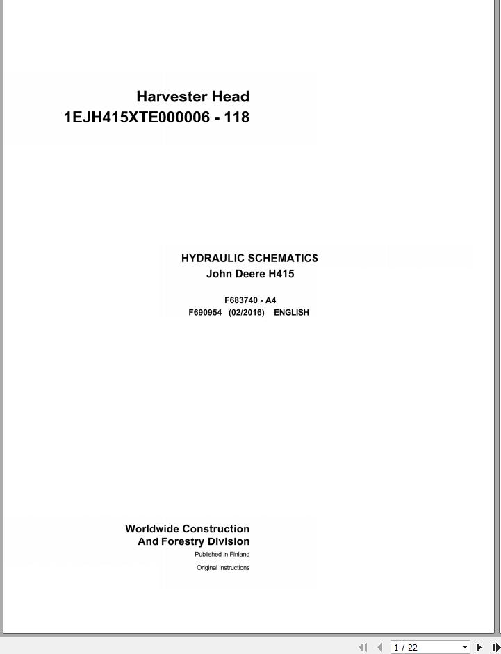 John Deere Harvester Head H415 F690954 Hydraulic Schematic 2016 1