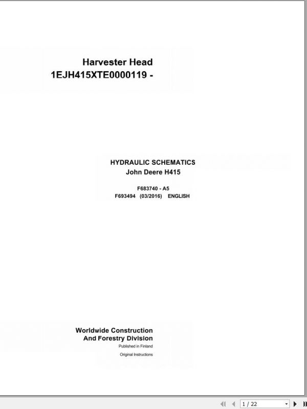 John Deere Harvester Head H415 F693494 Hydraulic Schematic 2016 1