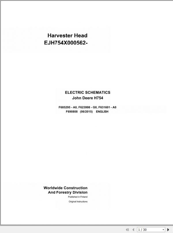 John Deere Harvester Head H754 F690808 Electric Schematic 2015 1