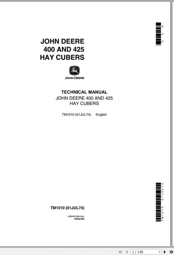 John Deere Hay Cubers 400 425 Technical Manual TM1010 1