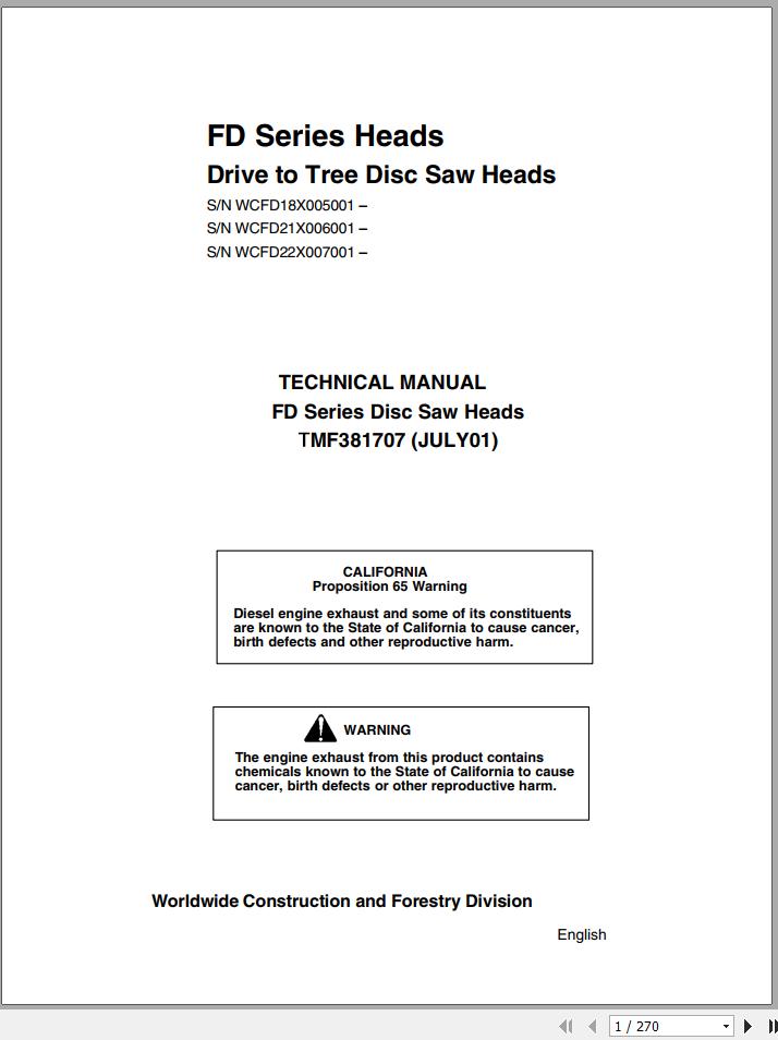 John Deere Heads Drive To Tree Disc Saw FD Series Technical Manual TM381707 1