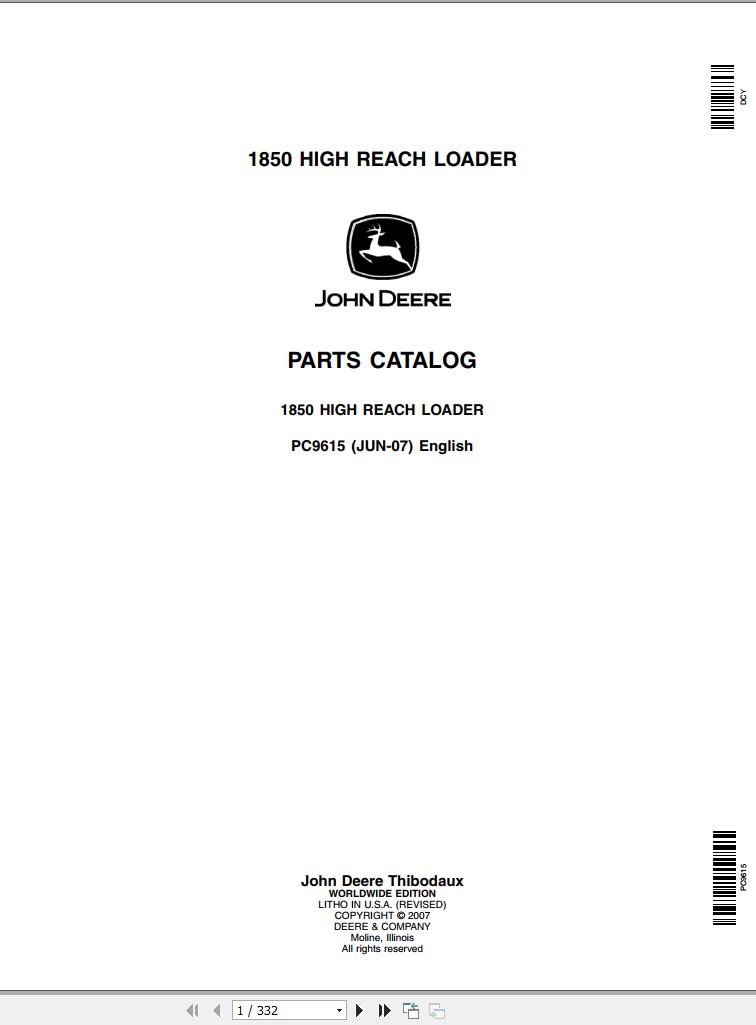 John Deere High Reach Loader 1850 Parts Catalog PC9615 2007 1