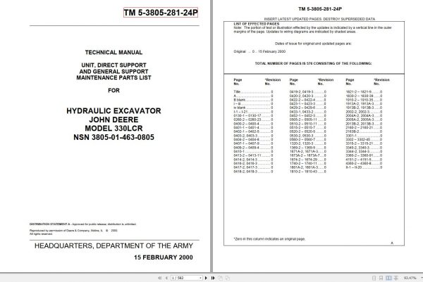 John Deere Hydraulic Excavator 330LCR Technical Manual TM 5 3505 281 24P 2000 1