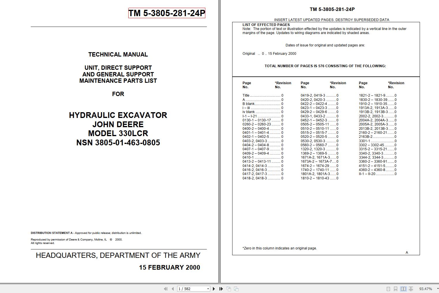 John Deere Hydraulic Excavator 330LCR Technical Manual TM 5 3505 281 24P 2000 1