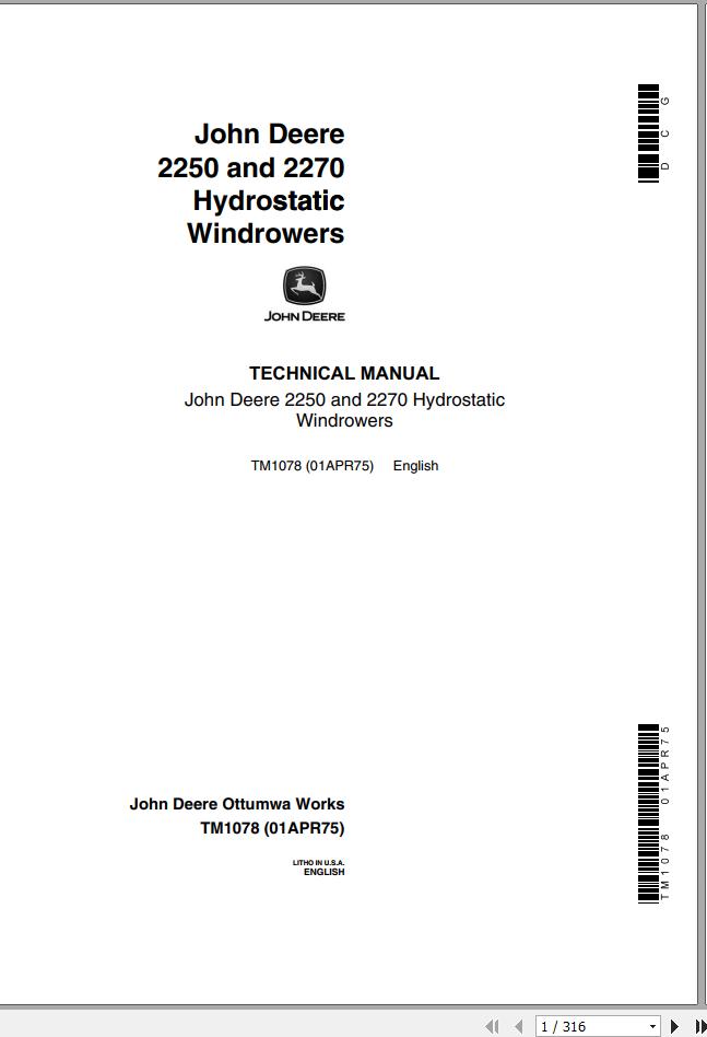 John Deere Hydrosatic Windrowers 2250 2270 Technical Manual TM1078 1