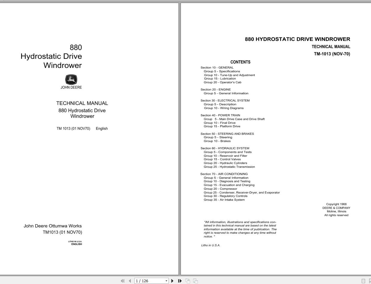 John Deere Hydrosatic Windrowers 880 Technical Manual TM1013 1