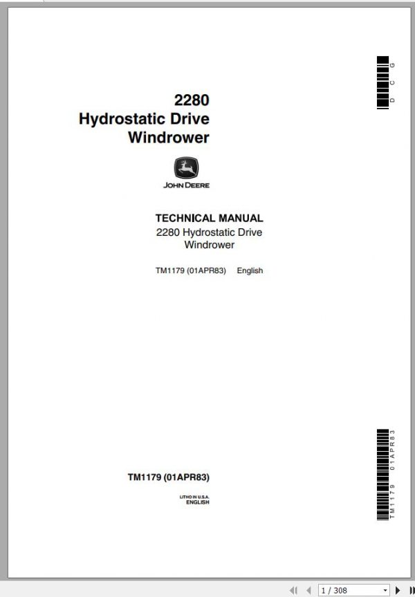 John Deere Hydrostatic Drive Windrower 2280 Technical Manual TM1179 1