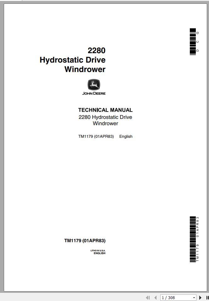 John Deere Hydrostatic Drive Windrower 2280 Technical Manual TM1179 1
